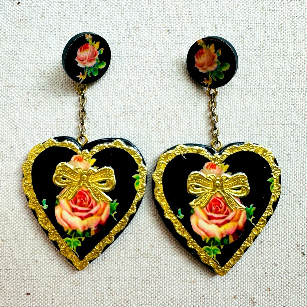 Baroque-inspired Black Wooden Earrings w/ 14K Gold Posts